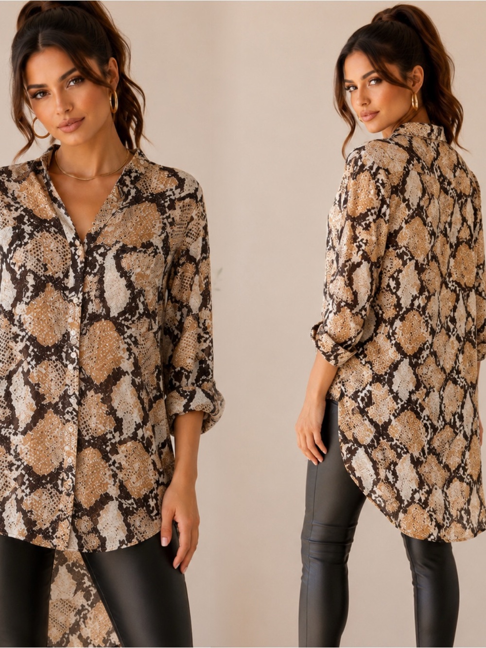 Snake-Print High-Low Button-Front Blouse - Brown - Picture 12 of 12